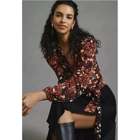 NWT Anthropologie Balloon-Sleeve Blouse Open Back Tie Belt Top Multicolor XXS - Picture 3 of 14